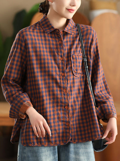 Women Spring 100%Cotton Plaid Turn-down Collar Shirt