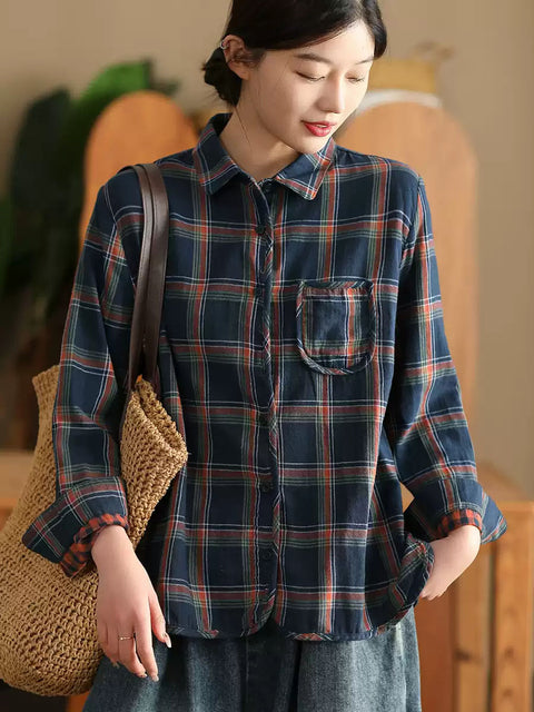 Women Spring 100%Cotton Plaid Turn-down Collar Shirt