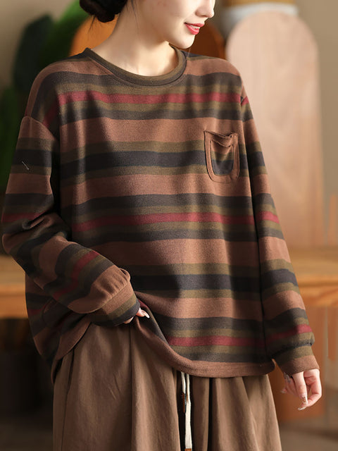 Women Spring Vintage Stripe Cotton Sweatshirt