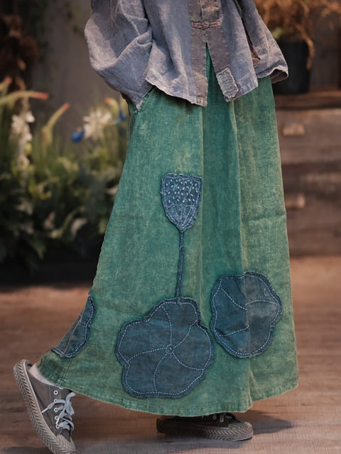 Women Spring Patch Spliced Linen Skirt