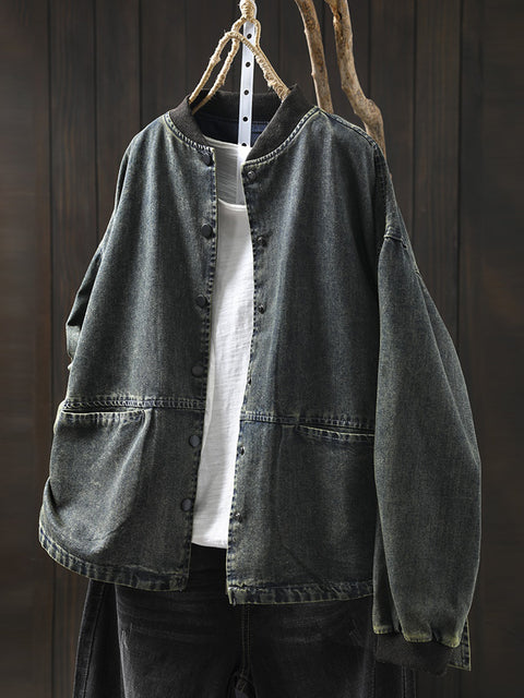 Women Vintage Spring O-Neck Denim Coat