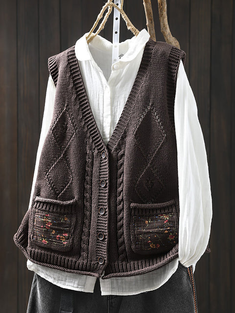 Women Spring Ethnic V-Neck Flower Patch Knit Vest