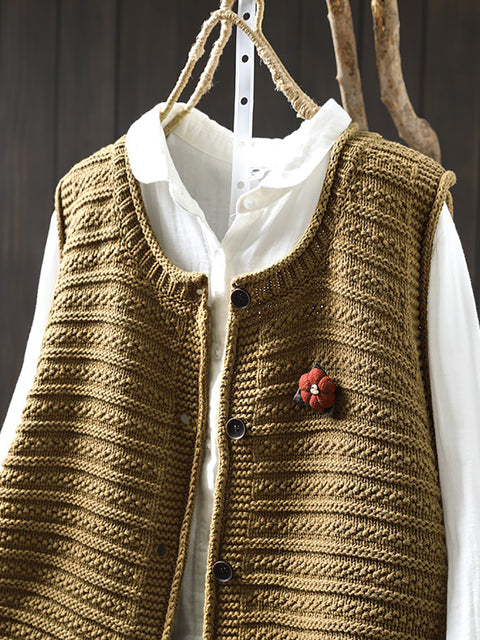 Women Spring Pure Color Knit O-Neck Cardigan Vest