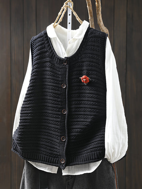 Women Spring Pure Color Knit O-Neck Cardigan Vest