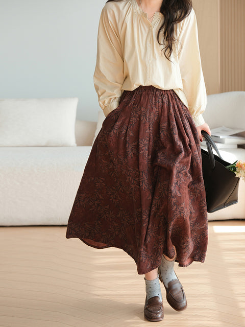 Women Spring Flower 100%Cotton A-Shape Skirt