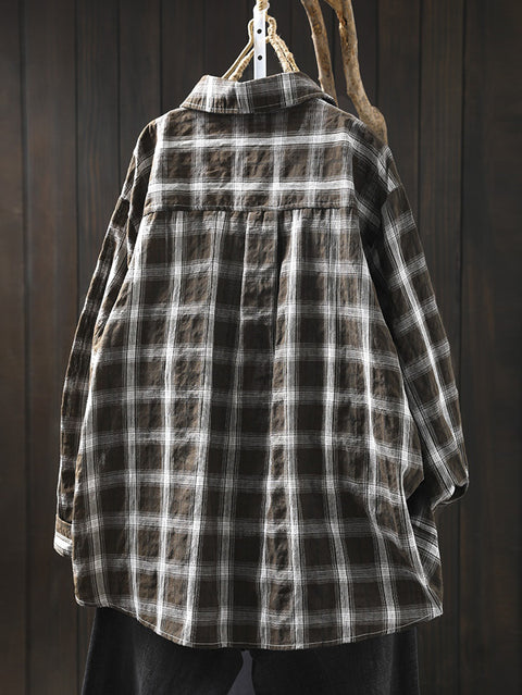 Women Spring 100%Cotton Plaid Turn-down Collar Shirt