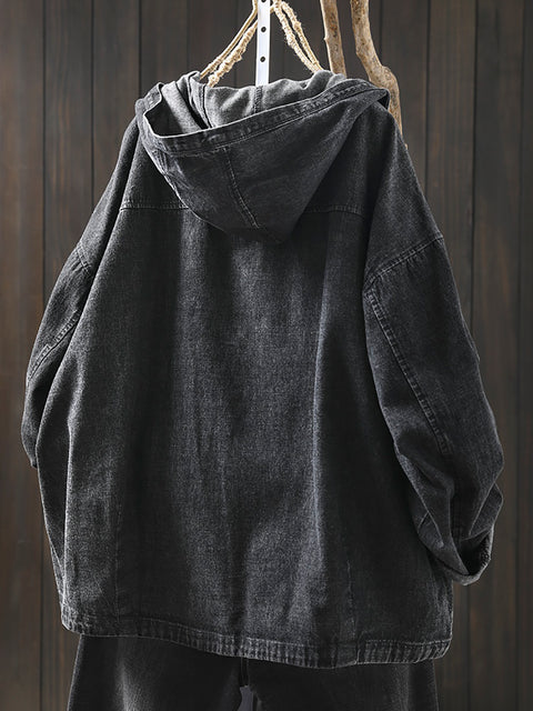 Women Spring Pure Color Denim Hooded Shirt