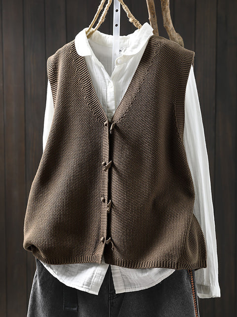 Women Spring Pure Color Knit V-Neck Cardigan Vest