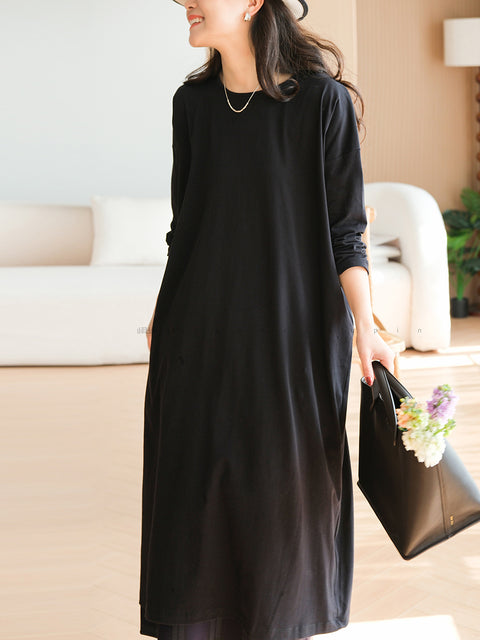 Women Spring Casual Pure Color O-Neck Loose Dress