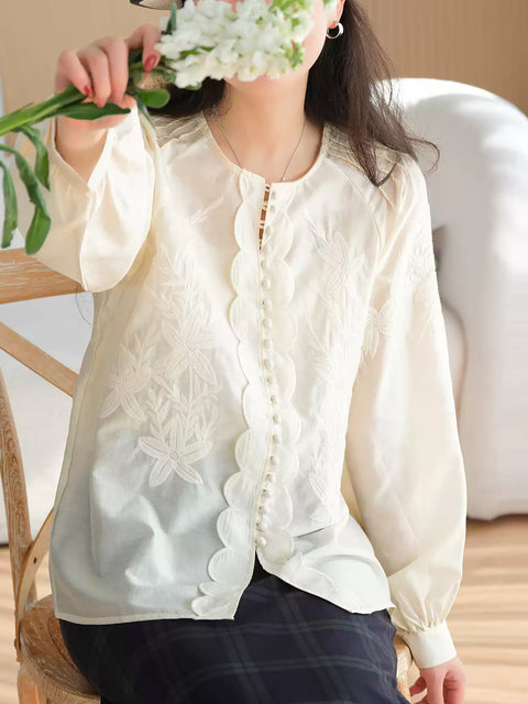 Women Spring Flower Embroidery O-Neck Shirt