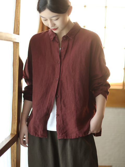 Women Spring Pure Color Turn-down Collar Linen Shirt