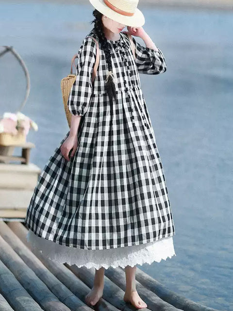 Women Winter Casual Plaid O-Neck Cotton Linen Dress