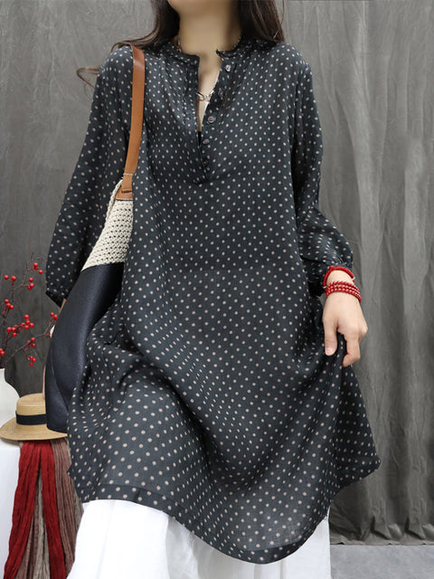 Women Spring O-Neck Dot 100%Ramie Shirt Dress