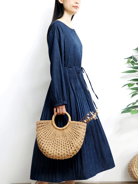 Women Autumn Artsy A-Shape O-Neck Denim Dress