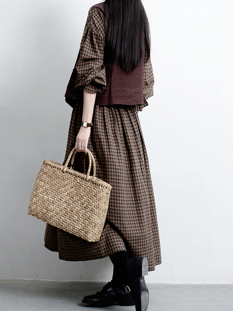 Women Spring Retro Plaid Stand Collar Loose Dress