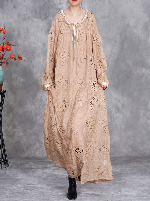 Women Spring Artsy Lace Flower O-Neck Loose Dress