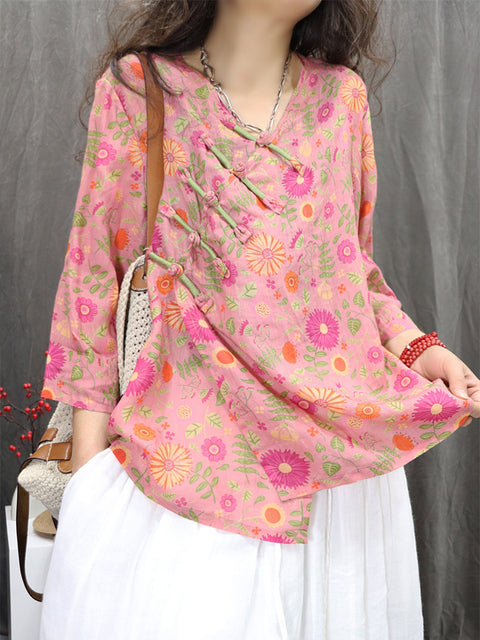 Women Spring Ethnic V-Neck Flower 100%Ramie Shirt