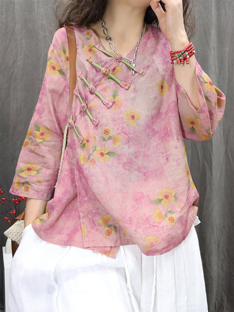 Women Spring Ethnic V-Neck Flower 100%Ramie Shirt