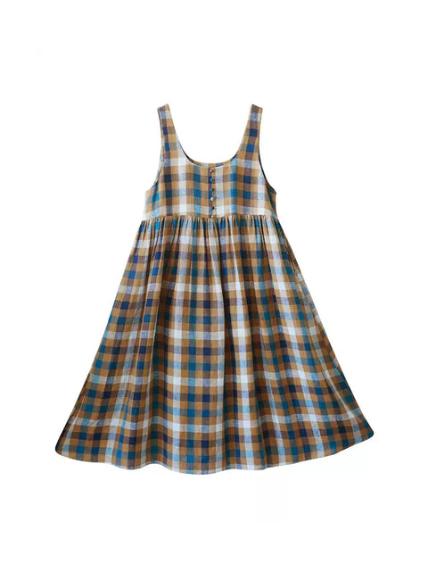 Women Spring Artsy Plaid 100%Linen Vest Dress