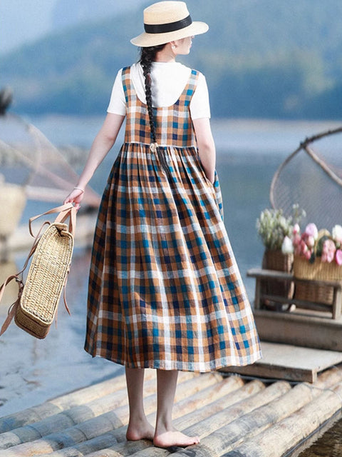 Women Spring Artsy Plaid 100%Linen Vest Dress