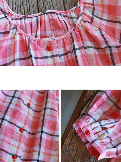 Women Spring Cotton Plaid Lace O-Neck Shirt