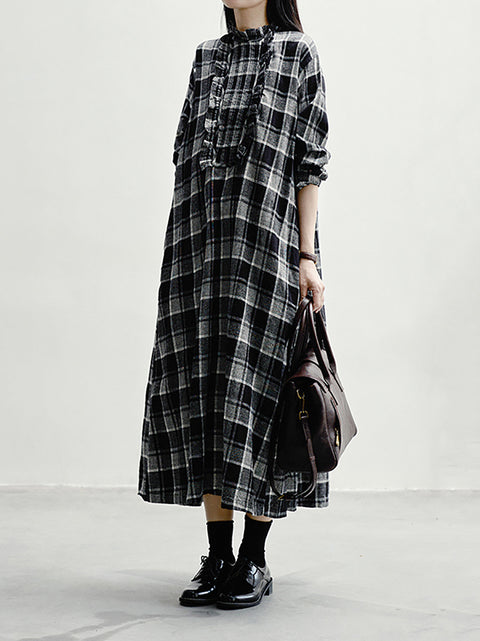 Women Spring Artsy Plaid Ruffle Collar Loose Dress