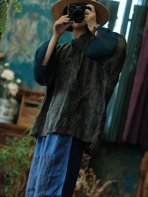 Women Spring Ethnic Stand Collar Flower Linen Shirt