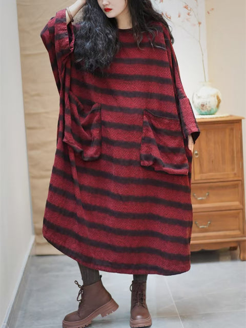 Women Spring Vintage Stripe Pocket O-Neck Loose Dress