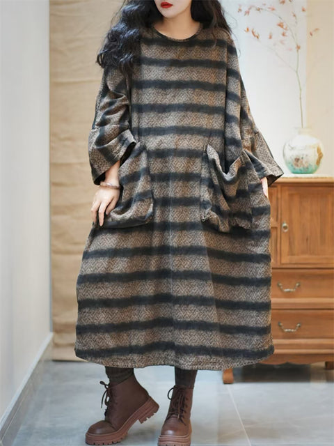 Women Spring Vintage Stripe Pocket O-Neck Loose Dress