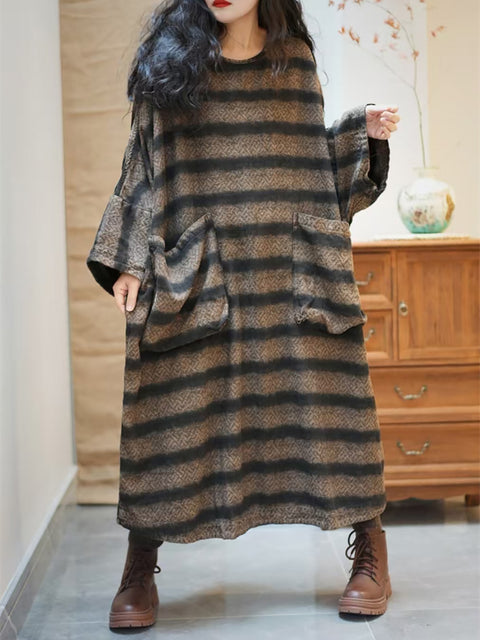 Women Spring Vintage Stripe Pocket O-Neck Loose Dress