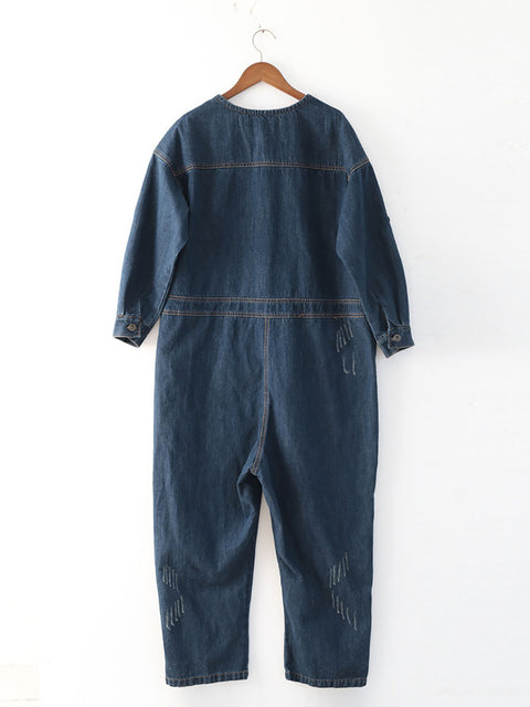 Women Spring Vintage Denim O-Neck Loose Jumpsuits