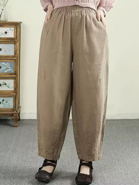 Women Spring Vintage Pure Color 100%Linen Harem Pants