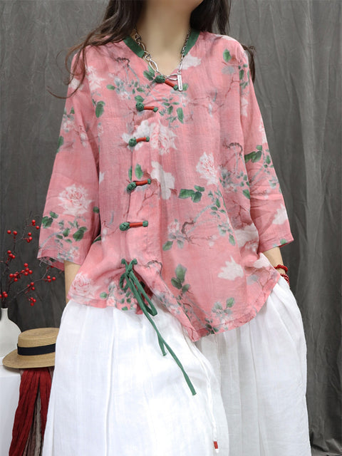 Women Ethnic Spring Flower V-Neck 100%Ramie Shirt