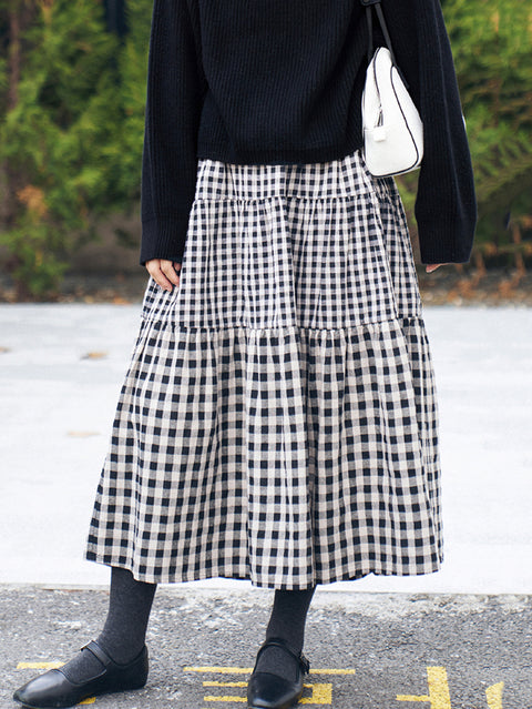 Women Spring Vintage Plaid Loose Tiered Skirt