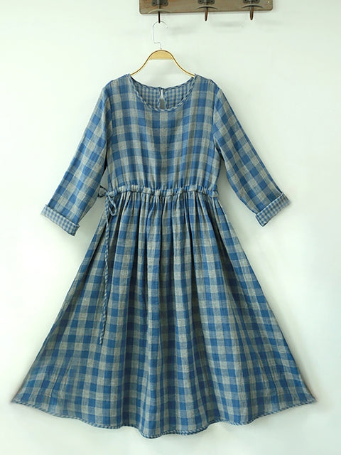 Women Spring Vintage Lattice Strap Waist Dress