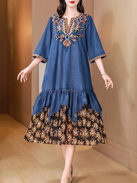 Women Summer Embroidery Flower Spliced V-Neck Denim Dress