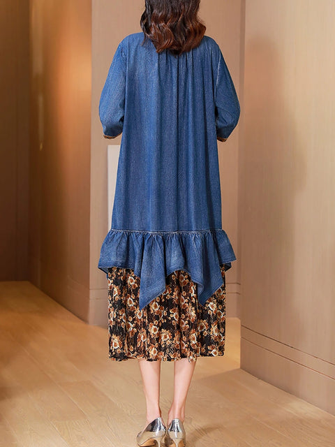 Women Summer Embroidery Flower Spliced V-Neck Denim Dress