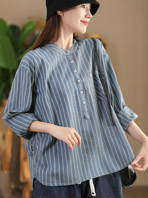 Women Vintage Spring Stripe Cotton V-Neck Shirt