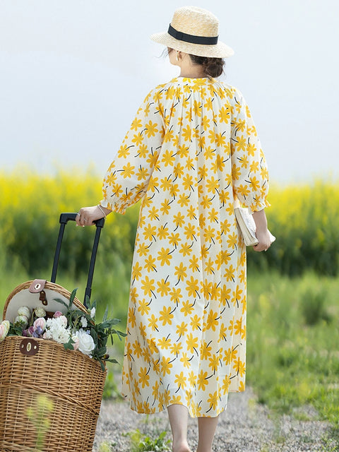 Women Vintage Spring Flower Stand Collar Loose Dress