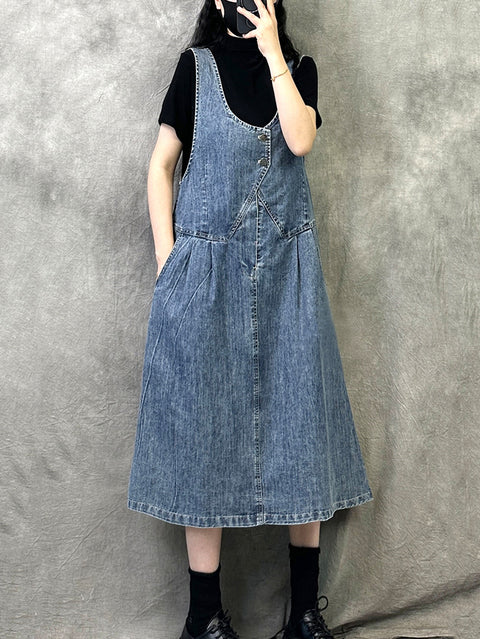 Women Spring Artsy Pure Color Denim Suspender Dress