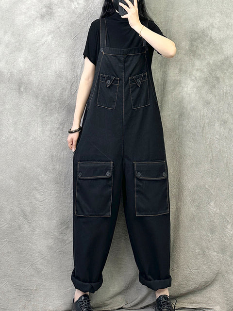 Women Spring Vintage Pure Color Loose Jumpsuits