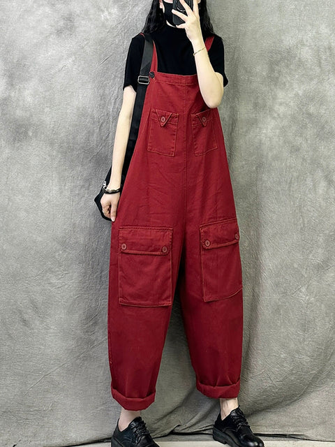 Women Spring Vintage Pure Color Loose Jumpsuits