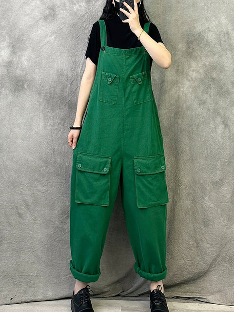 Women Spring Vintage Pure Color Loose Jumpsuits