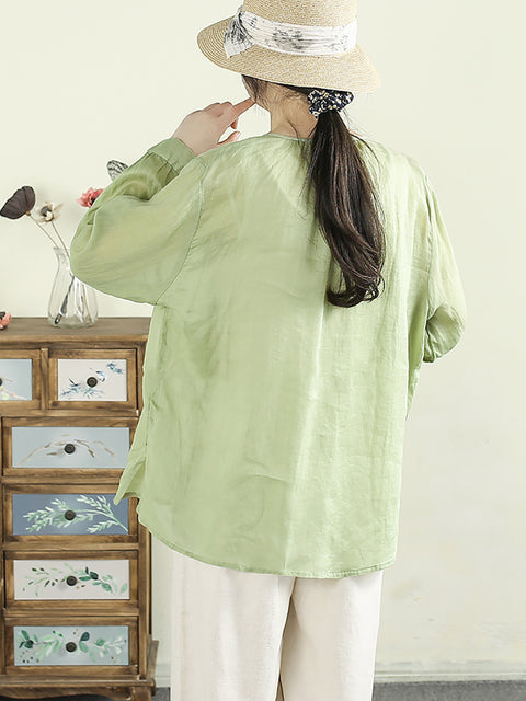 Women Spring Ethnic O-Neck Embroidery 100%Ramie Shirt