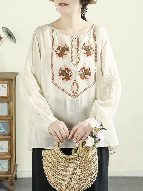 Women Spring Ethnic O-Neck Embroidery 100%Ramie Shirt