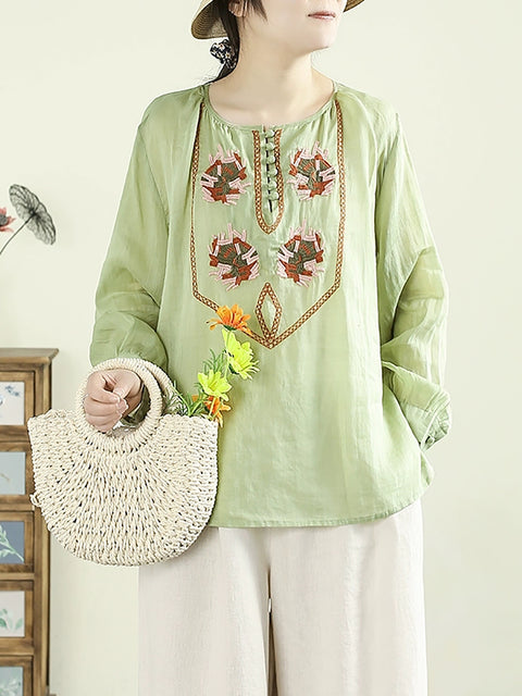 Women Spring Ethnic O-Neck Embroidery 100%Ramie Shirt