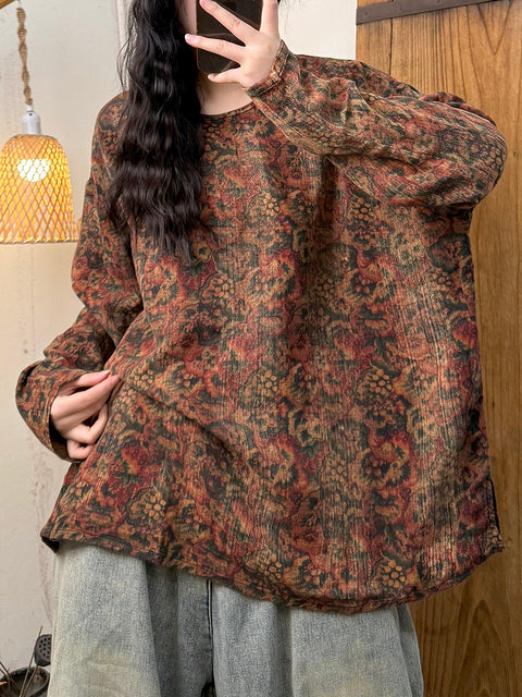 Women Spring Flower Cotton O-Neck Loose Shirt