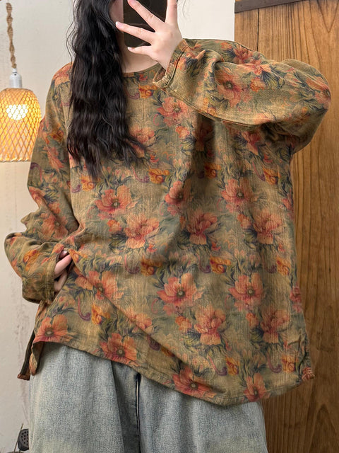 Women Spring Flower Cotton O-Neck Loose Shirt