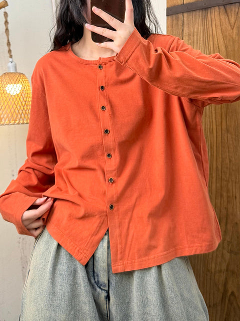 Women Casual Spring Pure Color O-Neck Blouse