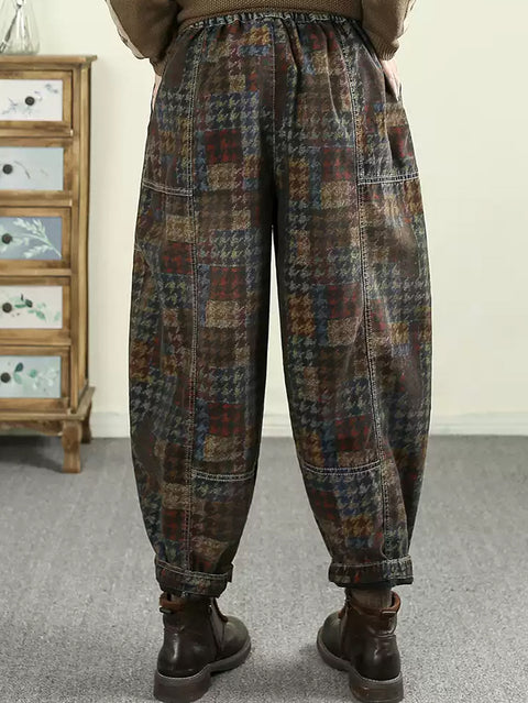 Women Vintage Plaid 100%Cotton Harem Pants